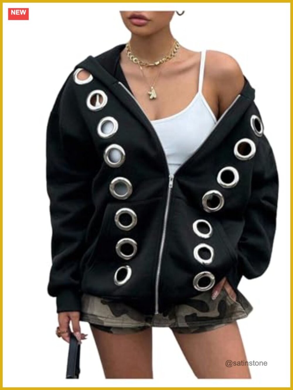 Women's Punk Zip Up Hoodie Grommet Eyelet Long Sleeve Oversized Y2K Sweatshirt - Picture 1 of 5